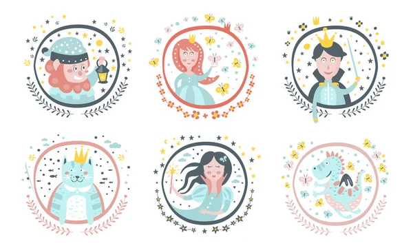 Cute Childish Fairy Tale Cartoon Characters Set, Gnome, Princess, Sorceress, Cat, Fairy, Dragon, Decoration Design Elements Vector Illustration — Stockvector