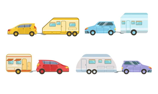 Collectie van Auto's met aanhangwagens, Trailering, Camping, outdoor avonturen vector illustratie — Stockvector