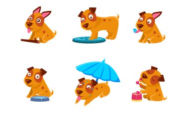 Sevimli Küçük Köpek Karikatür Karakter Seti, Farklı Durumlarda Sevimli Kahverengi Köpek Yavrusu Vektör İllüstrasyon
