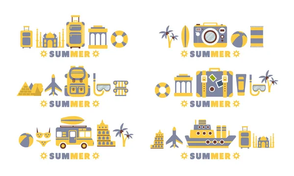 Summer Travel Badges Set, Summertime Holidays, Liburan Labels Flat Vector Illustration - Stok Vektor