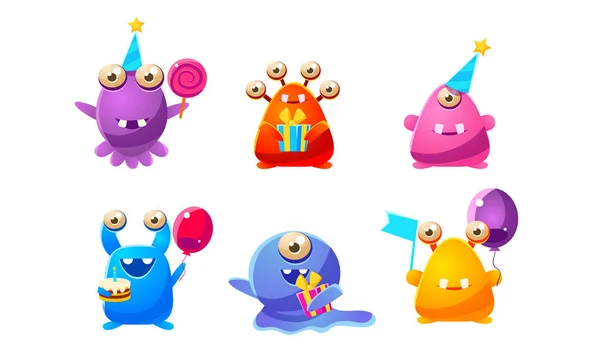 Colección de Monstruos coloridos divertidos lindos personajes de dibujos animados, Mutantes felices celebrando fiesta Vector Ilustración — Vector de stock