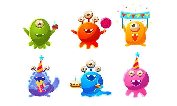 Collezione di simpatici mostri colorati simpatici personaggi dei cartoni animati, Disegno della festa di compleanno, Illustrazione vettoriale del partito dei mutanti felici — Vettoriale Stock