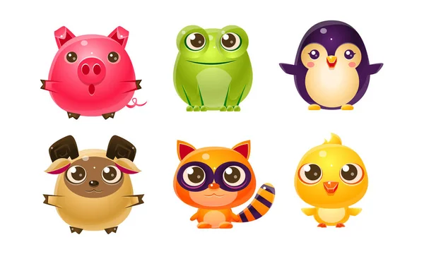 Cute Bright Glossy Animals Set, Sheep, Cat, Chicken, Pig, Frog, Penguin Vector Illustration — Stock Vector