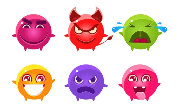 Leuke kleurrijke glanzende heldere fantastische ballen cartoon personages set, grappige monsters met verschillende emoties vector illustratie — Stockvector