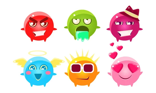 五颜六色光泽明亮的神奇球卡通人物集，可爱的有趣的怪物与各种情感矢量插图 — 图库矢量图片