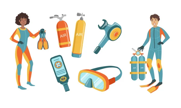 Snorkeling e Scuba conjunto de elementos de mergulho, Scuba mergulhador homem e mulher personagens vestidos com roupas de mergulho com equipamentos, Máscara de mergulho, Cilindros de oxigênio, Medidor de profundidade, Fins Vector Ilustração — Vetor de Stock