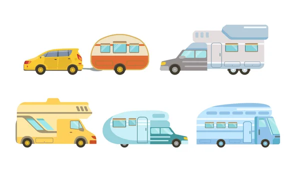 Gyűjteménye Camper vagy kereskedelmi pótkocsik, trailering, Camping, szabadtéri kalandok Vector illusztráció — Stock Vector