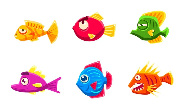 カラフルな小さな光沢のある魚セット、面白い大きな目の魚漫画のキャラクターベクトルイラスト — ストックベクタ