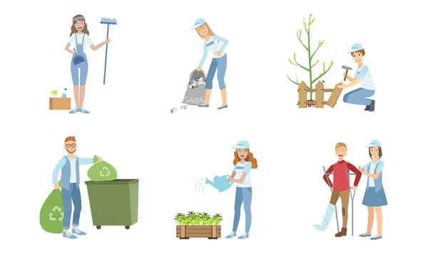 Волонтеры на работе, молодые мужчины и женщины сажают деревья, собирают мусор, поливают растения, помогают инвалидам векторно иллюстрировать — стоковый вектор