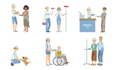 İş Seti Gönüllüleri, Engelli Kişiye ve Evsizlere Yardım Eden Genç Erkek ve Kadınlar, Yaşlıları Destekleyen Vektör İllüstrasyon