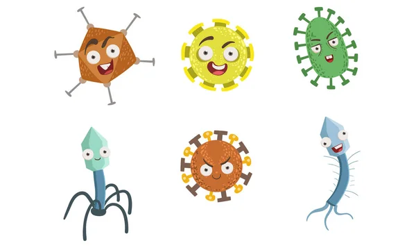 Colección de microbios divertidos lindos, bacterias coloridas y personajes patógenos con varias emociones Vector Ilustración — Vector de stock