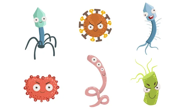 Colección de microbios divertidos, bacterias coloridas y personajes patógenos con varias emociones Vector Ilustración — Vector de stock
