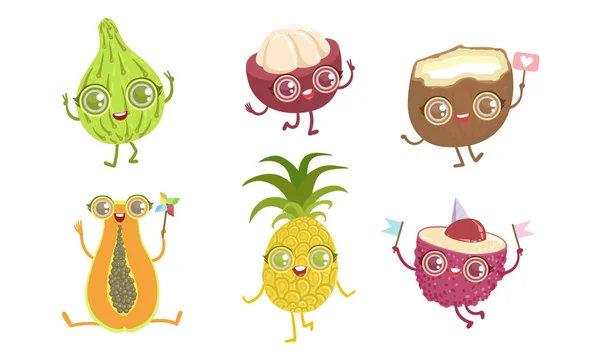 Conjunto de personagens de frutas tropicais engraçadas, mamão, abacaxi, lichia, coco, mangostão, Ilustração do vetor de goiaba —  Vetores de Stock