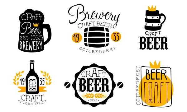 Brewery Craft Beer Retro Labels Set, Oktoberfest Design Templates Hand Drawn Vector Illustration — Stock Vector