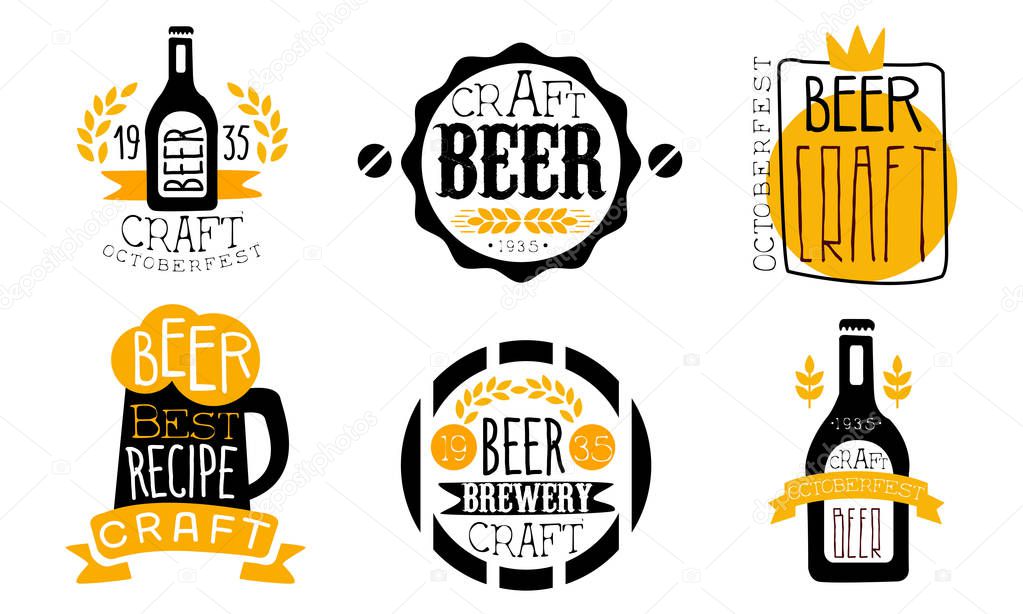 Brewery Craft Beer Retro Labels Set, Best Recipe, Oktoberfest Design Templates Hand Drawn Vector Illustration
