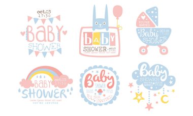 Baby Shower Davetiye Şablonları Seti, Erkek veya Kız Yenidoğan Kutlama Parti Vektör İllüstrasyon için Sevimli Tasarım Elemanları
