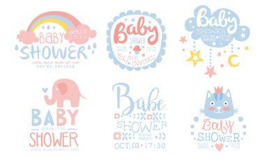 Baby Shower Davetiye Şablonları Seti, Erkek veya Kız Yenidoğan Kutlama Partisi El Çizilmiş Vektör İllüstrasyon için Sevimli Tasarım Elemanları