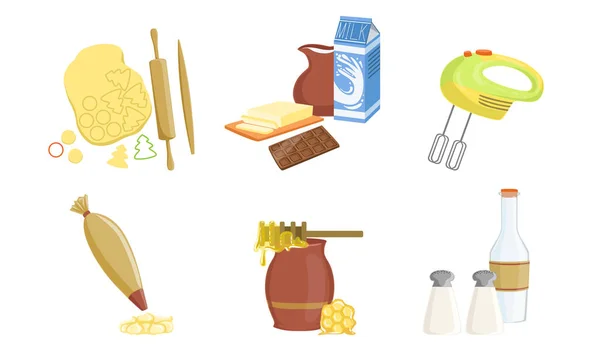 Кухонные принадлежности и комплект посуды, векторная иллюстрация ингредиентов для выпечки — стоковый вектор