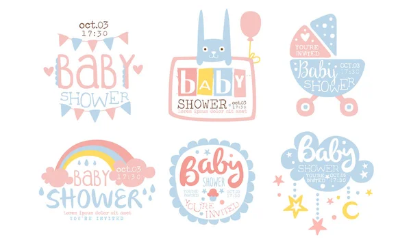 Baby Shower Davetiye Şablonları Seti, Erkek veya Kız Yenidoğan Kutlama Parti Vektör İllüstrasyon için Sevimli Tasarım Elemanları — Stok Vektör