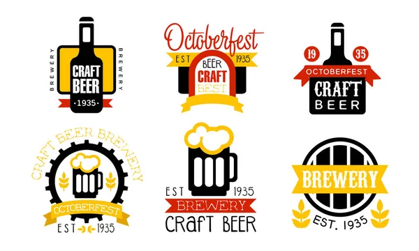 Brewery Craft Beer Retro Labels Set, Oktoberfest Design Templates Vector Illustration — Stock vektor