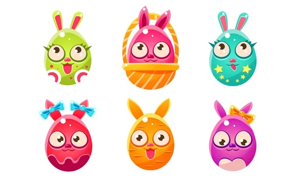 Collectie van leuke glanzende grappig Oost-ei gevormde Bunnies cartoon karakters vector illustratie — Stockvector
