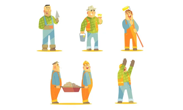 Smějící se Opravák, sada postav, veselá stavební pracovnice v uniformě a čepice s profesionálním vybavením ilustrace — Stockový vektor