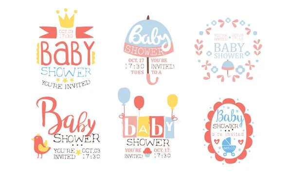 ベビーシャワー招待テンプレートセット、新生児のお祝いパーティーベクトルイラストのためのかわいいデザイン要素 — ストックベクタ