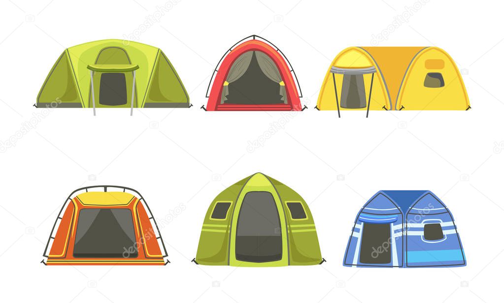 Collection of Tourist Tents, Hiking and Camping Equipment Vector Illustration