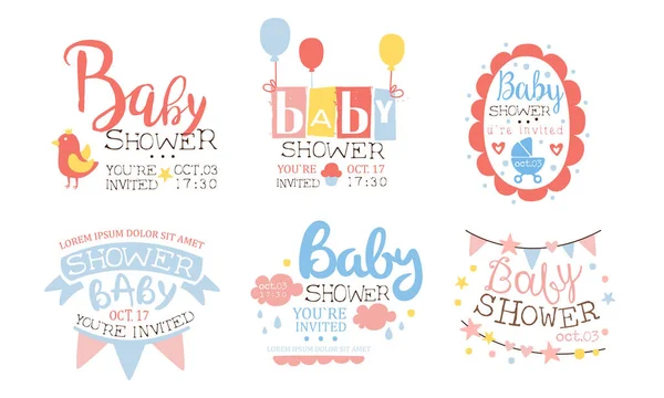 ベビーシャワー招待テンプレートセット、新生児のお祝いパーティーベクトルイラストのためのかわいい休日のデザイン要素 — ストックベクタ