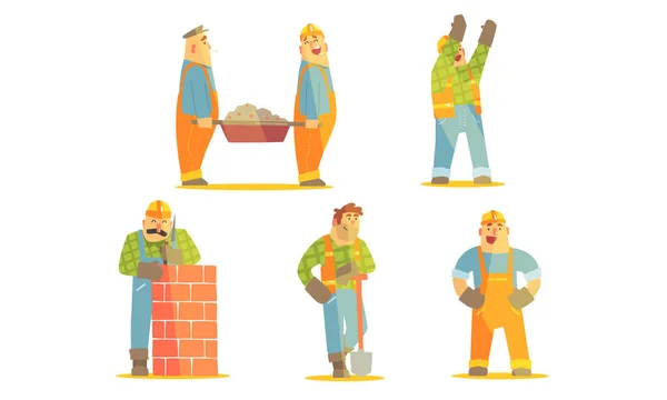 Veselý Opravák kreslené postavy, stavební dělníci v uniformě a čepice s profesionálním vybavením ilustrace — Stockový vektor