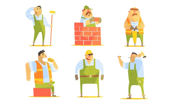 Conjunto de personagens de desenhos animados reparador, Trabalhadores da construção em uniforme e Hardhats com equipamento profissional Vector Ilustração —  Vetores de Stock