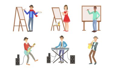 Yaratıcı Meslekler Seti İnsanlar, Sanatçılar Tuval ve Müzisyenler Müzik Aletleri Vektör İllüstrasyon ile Boyama