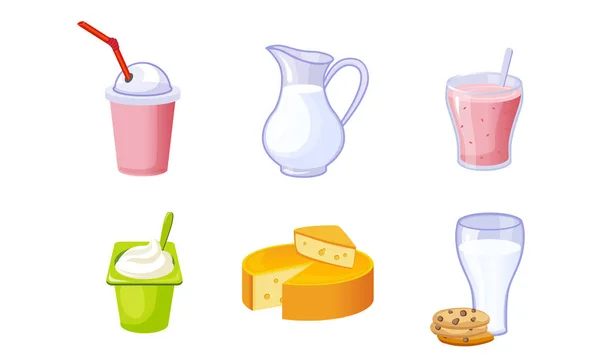 Conjunto de productos lácteos deliciosos frescos, leche, batido, queso, yogur Vector Ilustración — Vector de stock
