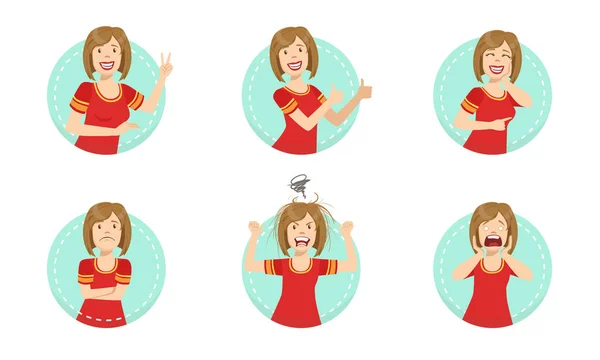 Young Woman Showing Various Gestures and Facial Emotions Set Vector Illustration — Stock Vector
