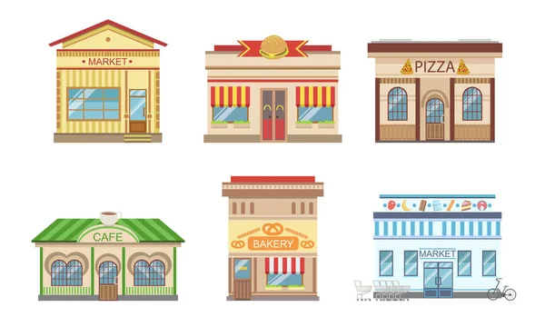 Πόλη δημόσια κτίρια προσόψεις σετ, αγορά, πίτσα, καφέ, αρτοποιείο, εικόνα διάνυσμα — Διανυσματικό Αρχείο