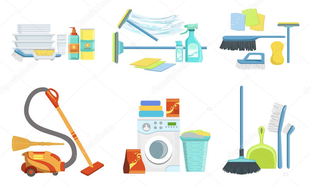 Tools for Cleaning Set, Household Supplies, Washing Machine, Detergent Bottles, Mop, Brush, Vacuum Cleaner Vector Illustration