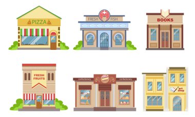 Şehir Kamu Binaları Cepheler Seti, Pizza, Taze Balık, Kitaplar, Taze Meyveler, Şekerleme, Sanat Dükkanı Vektör İllüstrasyon