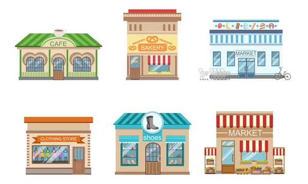 City Public Buildings Facades Set, Mercato, Pizza, Caffè, Panetteria, Negozio di abbigliamento, Scarpe, Illustrazione vettoriale — Vettoriale Stock