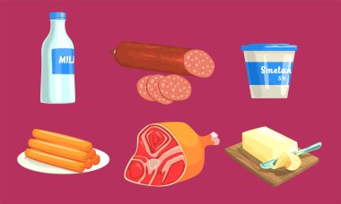 Doğal Süt ve Et Ürünleri Seti, Süt, Sosis, Ekşi Krema, Jambon, Tereyağı Vektör İllüstrasyon