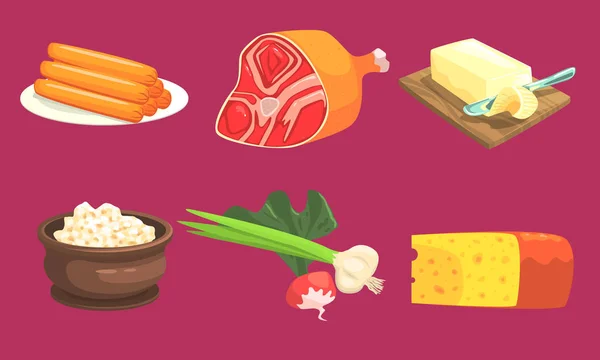 Set de productos de leche y carne natural, salchichas, jamón, mantequilla, cuajada, ajo, rábano, queso Vector ilustración — Archivo Imágenes Vectoriales