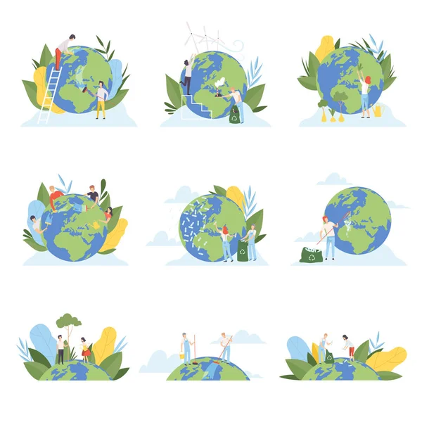 People Cleaning the Earth Planet and Collecting Plastic Waste Set, Volunteers Taking Care About Planet Ecology, Environment, Nature Protection Flat Vector Illustration — Stok Vektör