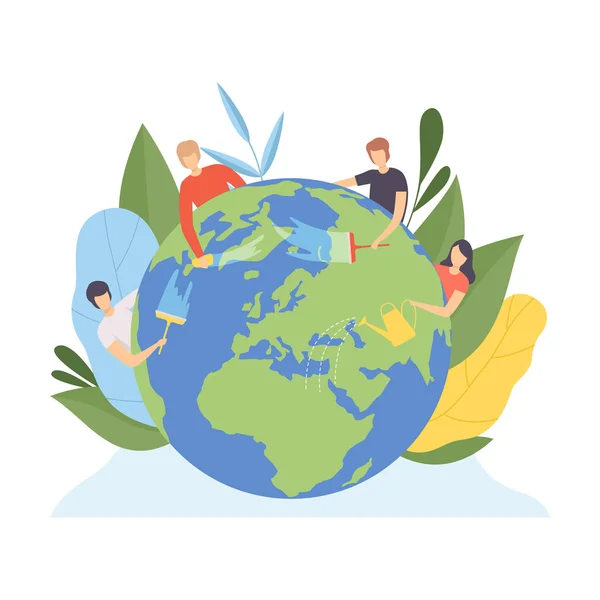 Persone che puliscono il pianeta terra e le piante da irrigazione, volontari che si prendono cura di Ecologia Pianeta, Ambiente, Protezione della natura Flat Vector Illustrazione — Vettoriale Stock
