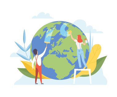 Dünya Gezegenini Temizlik Ekipmanlarıyla Temizleyen Erkek ve Kadın, Gezegen Ekolojisine, Çevreye, Doğa Koruma Düz Vektör Çizimine Önem Alan Gönüllüler