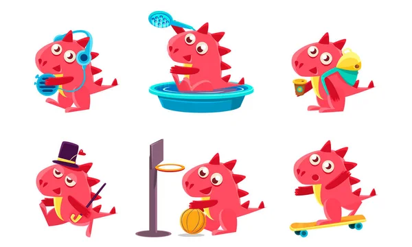 Lindo divertido juego de caracteres de dragón, divertido animal fantástico en diferentes situaciones Vector Ilustración — Archivo Imágenes Vectoriales