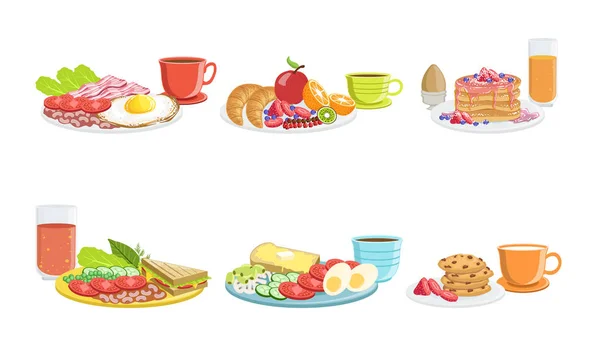 Set de Platos para Desayunos Saludables, Menú Clásico con Huevo Frito, Jamón, Panqueques, Galletas, Sandwich, Frutas, Verduras y Bayas Vector Illustration — Archivo Imágenes Vectoriales