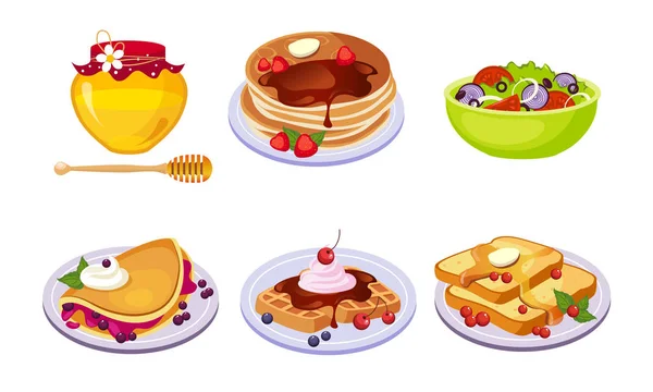 Verzameling ontbijt maaltijd, heerlijk gezond eten en drinken verschillende sets vector illustratie — Stockvector