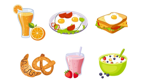 Collection of Breakfast Meal, Delicious Healthy Food Different Sets Vector Illustration — Stock Vector