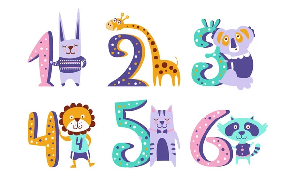 Números del aniversario de Cute Kids con animales, conejo, jirafa, koala, león, gato, Mapache Vector Ilustración — Vector de stock