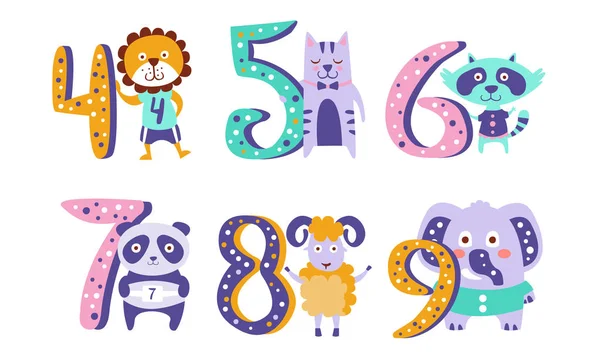 Cute Kids Anniversary Numbers with Animals, Lion, Cat, Raccoon, Panda, Sheep, Elephant Vector Illustration — Stock Vector