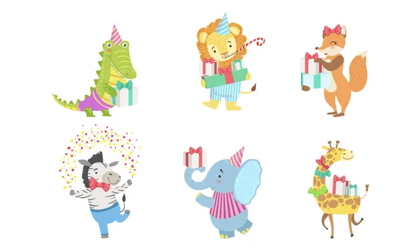 Collezione di simpatici animali felici per buon compleanno Progettare, Coccodrillo, Leone, Volpe, Zebra, Elefante, Giraffa vettoriale Illustrazione — Vettoriale Stock